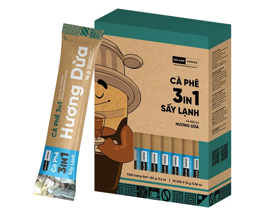 Hộp cà phê 3in1 sấy lạnh hương dừa Milano Coffee 160g kèm gói que 16g in hình mascot đội phin cà phê