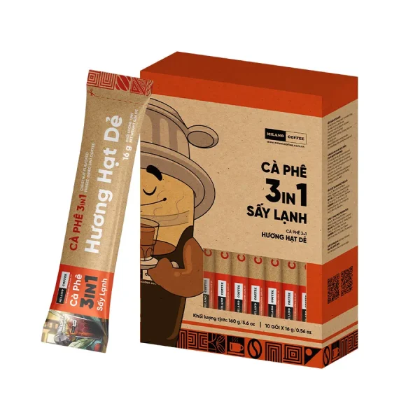 Hộp cà phê 3in1 sấy lạnh hương hạt dẻ Milano Coffee 160g kèm gói que 16g in hình mascot đội phin cà phê