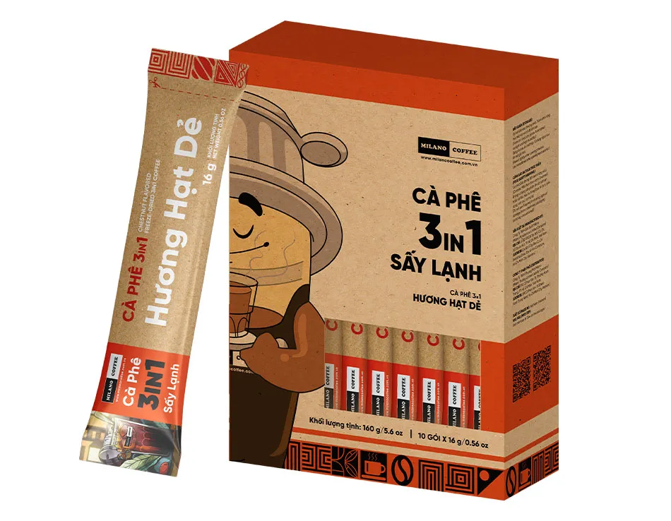 Hộp cà phê 3in1 sấy lạnh hương hạt dẻ Milano Coffee 160g kèm gói que 16g in hình mascot đội phin cà phê