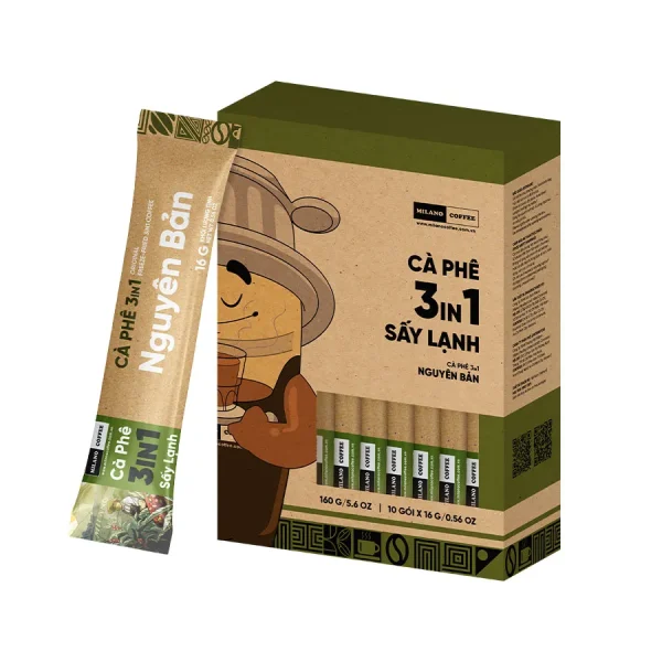 Hộp cà phê 3in1 sấy lạnh Nguyên Bản Milano Coffee 160g kèm gói que 16g in hình mascot đội phin cà phê