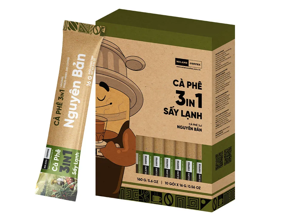 Hộp cà phê 3in1 sấy lạnh Nguyên Bản Milano Coffee 160g kèm gói que 16g in hình mascot đội phin cà phê