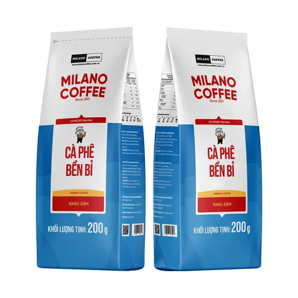 Bao bì 2 mặt túi cà phê bột pha phin Bền Bỉ Milano Coffee 200g hạt Arabica rang đậm màu xanh dương