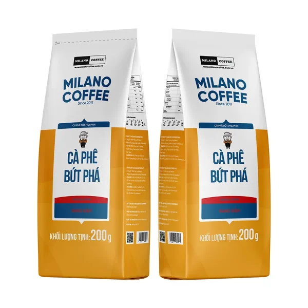 Túi cà phê bột pha phin Bứt Phá Milano Coffee 200g hạt Excelsa rang đậm bao bì cam phối trắng 2 mặt