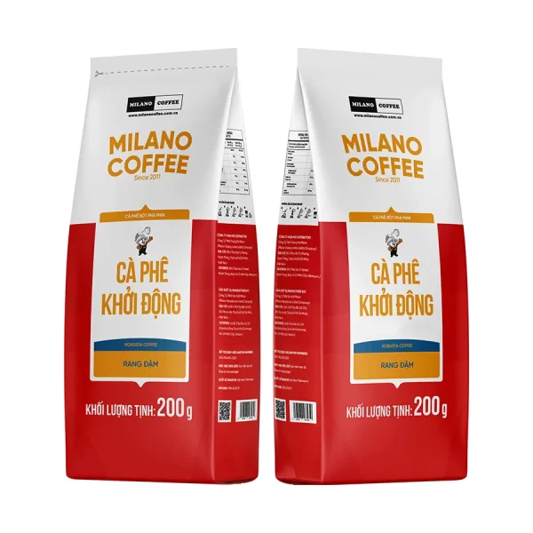 Bao bì cà phê bột pha phin Khởi Động Milano Coffee 200g hạt Robusta rang đậm túi giấy 2 mặt màu đỏ trắng