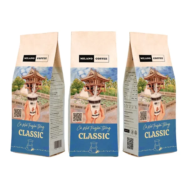 Cà phê bột truyền thống Classic Milano Coffee bao bì túi giấy phối họa tiết Chùa Một Cột độc đáo