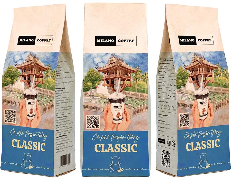 Cà phê bột truyền thống Classic Milano Coffee bao bì túi giấy phối họa tiết Chùa Một Cột độc đáo