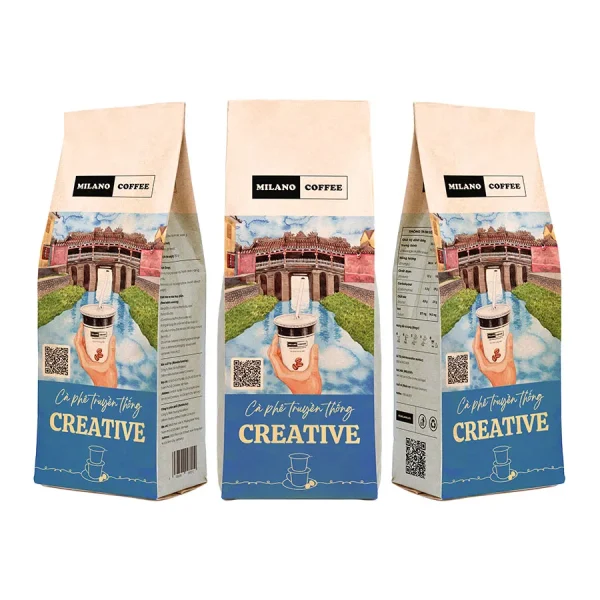 Cà phê bột truyền thống Creative Milano Coffee bao bì túi giấy phối họa tiết Chùa Cầu Hội An độc đáo