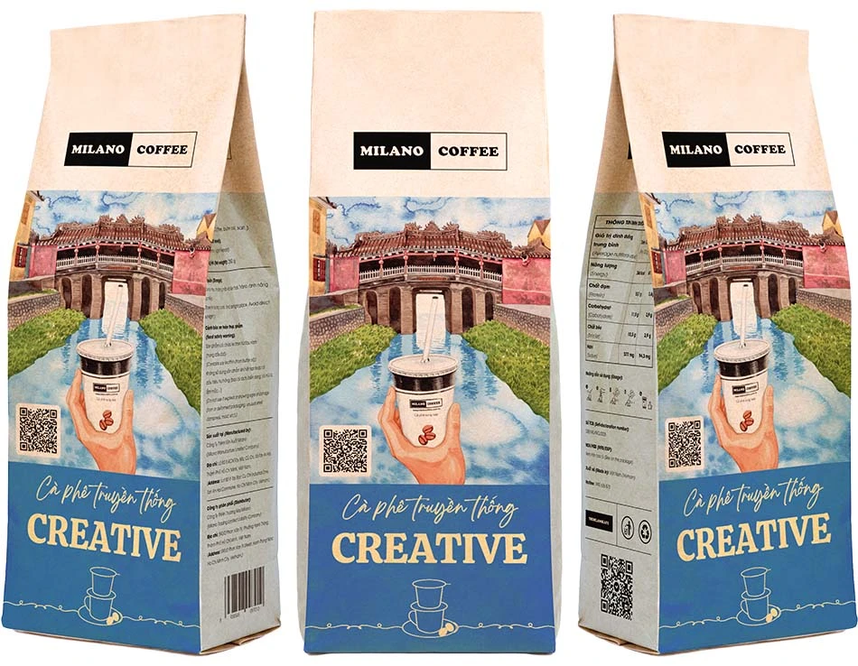Cà phê bột truyền thống Creative Milano Coffee bao bì túi giấy phối họa tiết Chùa Cầu Hội An độc đáo
