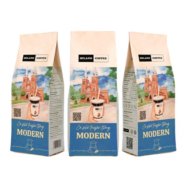 Cà phê bột truyền thống Modern Milano Coffee bao bì túi giấy phối họa tiết Nhà thờ Đức Bà Sài Gòn độc đáo