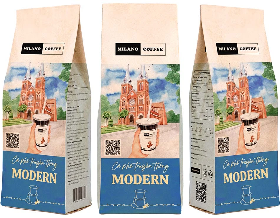Cà phê bột truyền thống Modern Milano Coffee bao bì túi giấy phối họa tiết Nhà thờ Đức Bà Sài Gòn độc đáo
