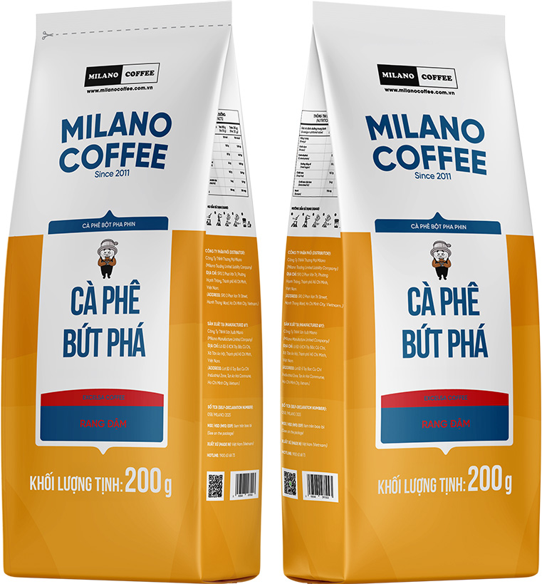 Gói cà phê bột pha sẵn Milano Coffee 200g, thiết kế hiện đại, bắt mắt.