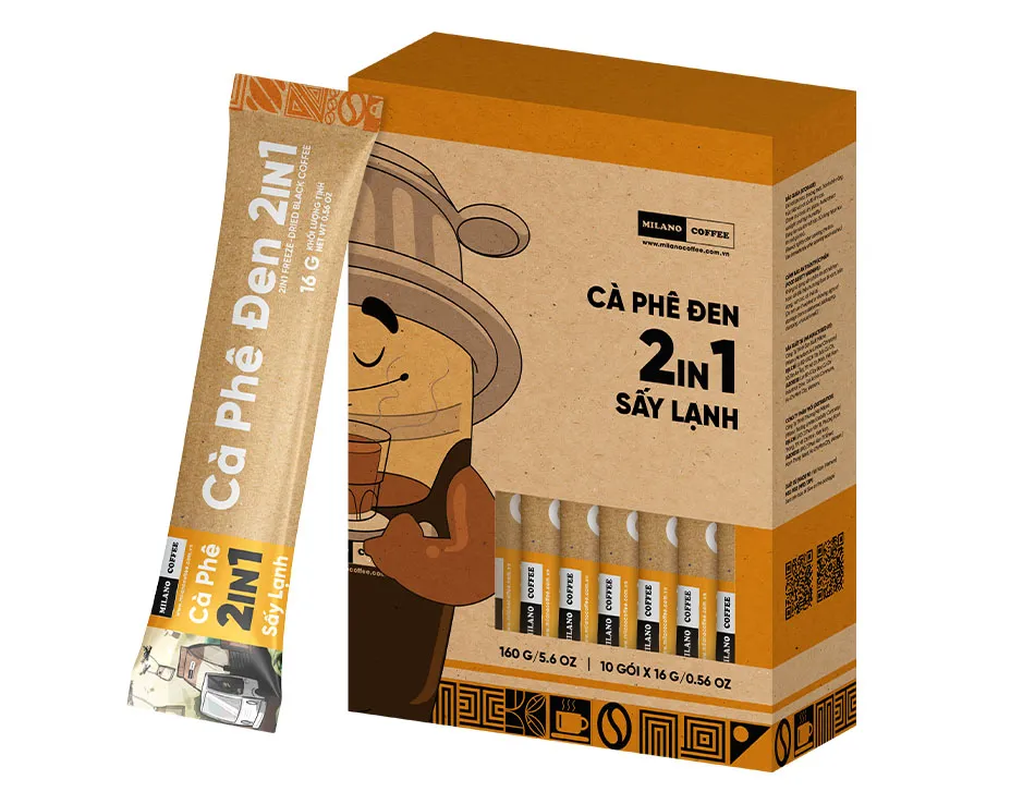 Hộp cà phê đen 2in1 sấy lạnh Milano Coffee 160g kèm gói que 16g in hình mascot đội phin cà phê