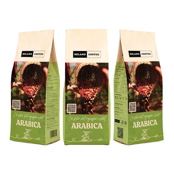 Cà phê hạt nguyên chất Arabica Milano Coffee bao bì túi giấy xanh lá in hình gùi quả cà phê chín đỏ tươi