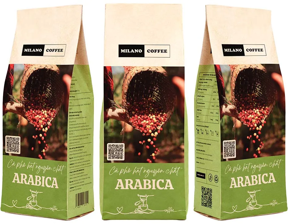 Cà phê hạt nguyên chất Arabica Milano Coffee bao bì túi giấy xanh lá in hình gùi quả cà phê chín đỏ tươi