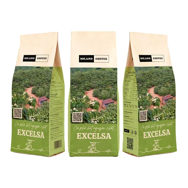 Cà phê hạt nguyên chất Excelsa Milano Coffee bao bì túi giấy xanh lá in hình cảnh đồng nông trại cà phê nở hoa trắng