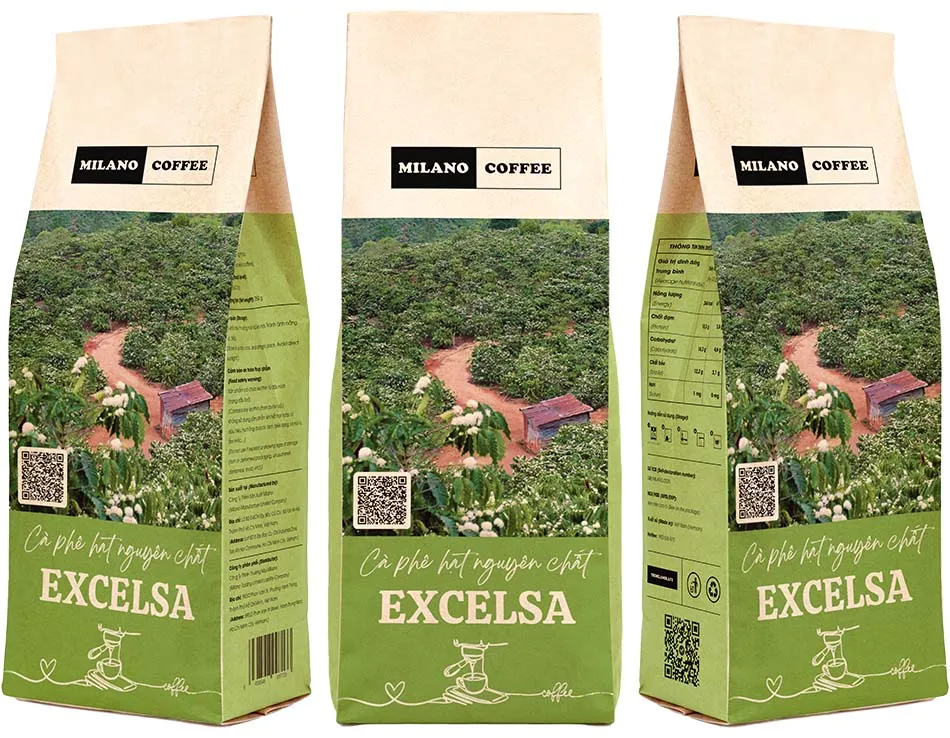 Cà phê hạt nguyên chất Excelsa Milano Coffee bao bì túi giấy xanh lá in hình cảnh đồng nông trại cà phê nở hoa trắng