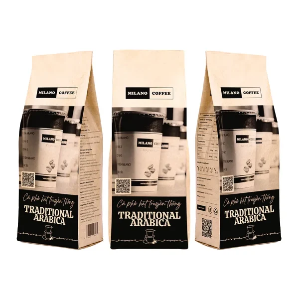 Cà phê hạt truyền thống Traditional Arabica Milano Coffee bao bì túi giấy đen in hình ly cà phê mang đi hiện đại