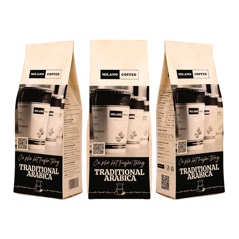 Cà phê hạt truyền thống Traditional Arabica Milano Coffee bao bì túi giấy đen in hình ly cà phê mang đi hiện đại
