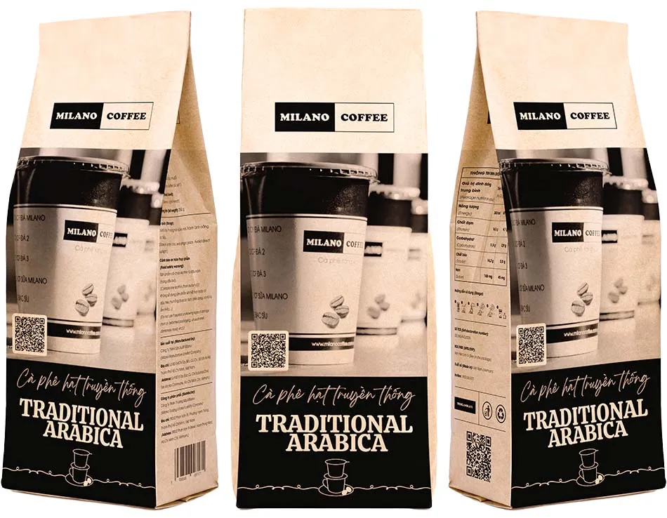 Cà phê hạt truyền thống Traditional Arabica Milano Coffee bao bì túi giấy đen in hình ly cà phê mang đi hiện đại