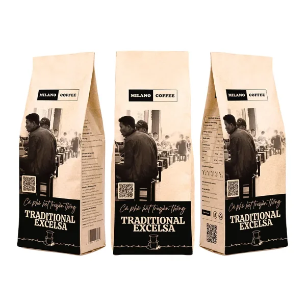 Cà phê hạt truyền thống Traditional Excelsa Milano Coffee bao bì túi giấy đen in hình thực khách thưởng thức cà phê tại quán