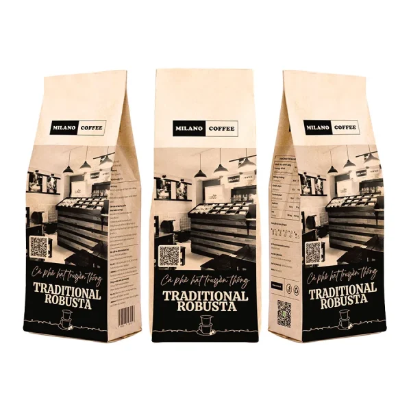Cà phê hạt truyền thống Traditional Robusta Milano Coffee bao bì túi giấy đen phối họa tiết không gian quán cà phê mộc mạc