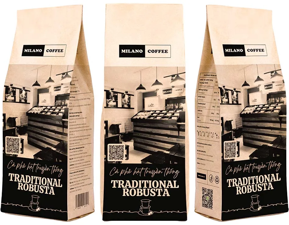 Cà phê hạt truyền thống Traditional Robusta Milano Coffee bao bì túi giấy đen phối họa tiết không gian quán cà phê mộc mạc