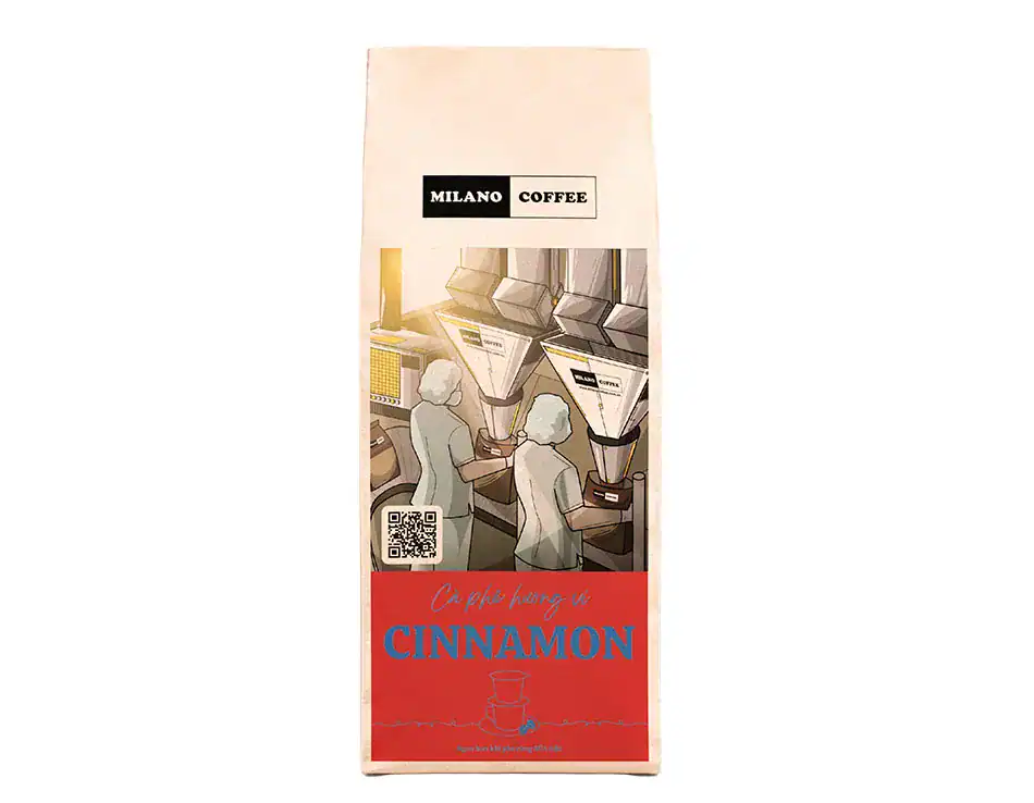 Cà phê hương vị Cinnamon Milano Coffee bao bì túi giấy đỏ in hình tranh vẽ máy móc chiết xuất tẩm ướp hương quế