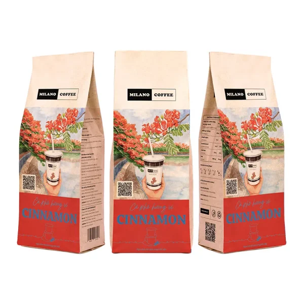 Cà phê hương vị Cinnamon Milano Coffee bao bì túi giấy in họa tiết hoa phượng đỏ bên dòng sông thơ mộng