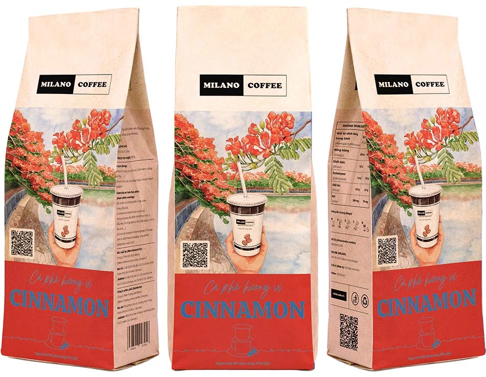 Cà phê hương vị Cinnamon Milano Coffee bao bì túi giấy in họa tiết hoa phượng đỏ bên dòng sông thơ mộng