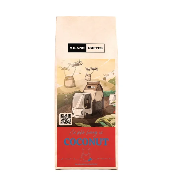 Cà phê hương vị Coconut Milano Coffee bao bì túi giấy đỏ in hình tranh vẽ xe tải và drone vận chuyển cà phê