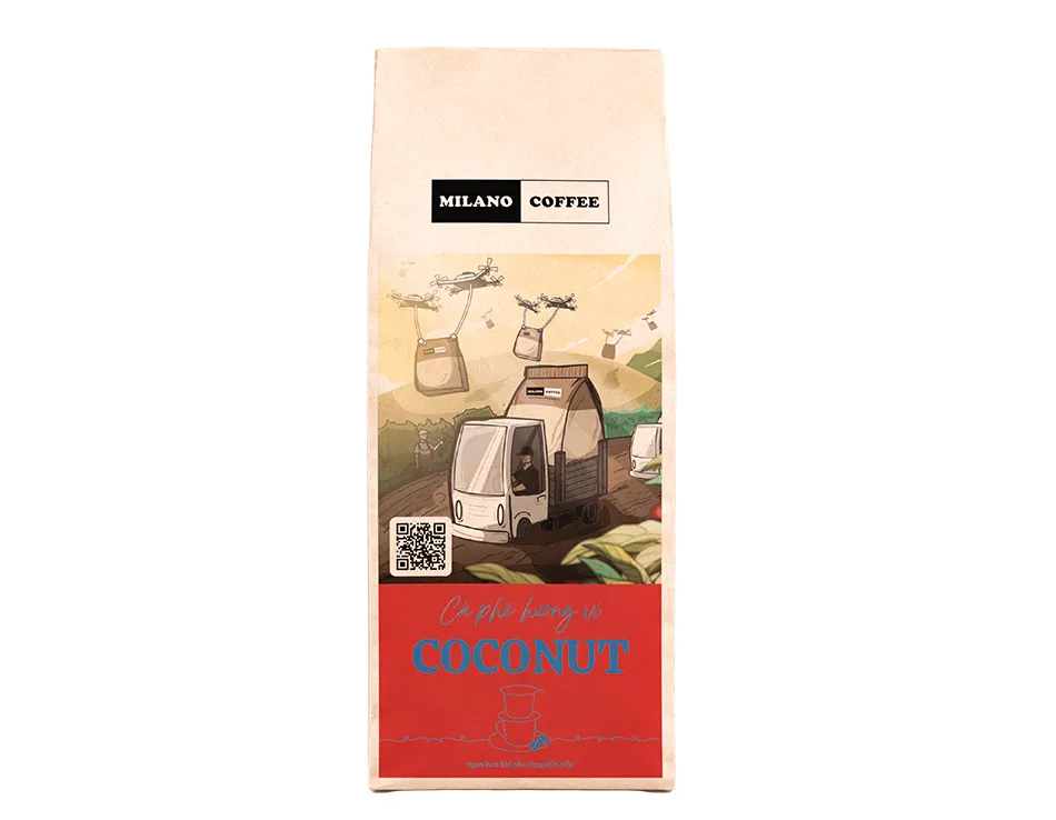 Cà phê hương vị Coconut Milano Coffee 100g bao bì túi giấy đỏ in hình tranh vẽ xe tải và drone vận chuyển cà phê