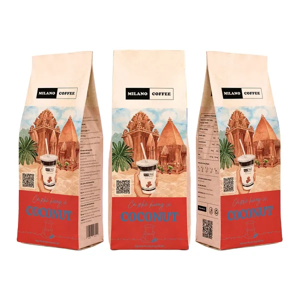 Cà phê hương vị Coconut Milano Coffee bao bì túi giấy phối họa tiết Tháp Chăm Po Nagar Nha Trang độc đáo