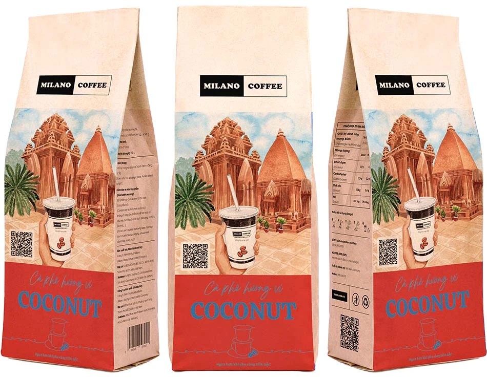 Cà phê hương vị Coconut Milano Coffee bao bì túi giấy phối họa tiết Tháp Chăm Po Nagar Nha Trang độc đáo