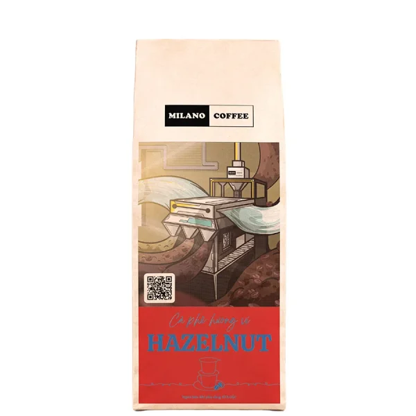 Cà phê hương vị Hazelnut Milano Coffee bao bì túi giấy đỏ in hình tranh vẽ máy móc công nghệ chế biến hạt dẻ