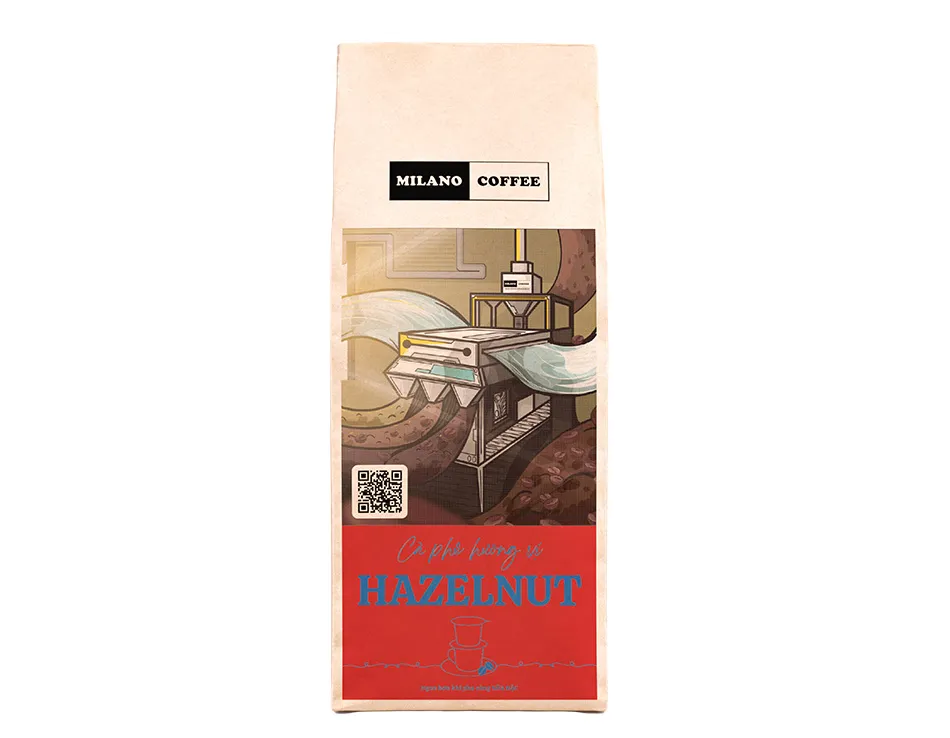 Cà phê hương vị Hazelnut Milano Coffee 100g bao bì túi giấy đỏ in hình tranh vẽ máy móc công nghệ chế biến hạt dẻ