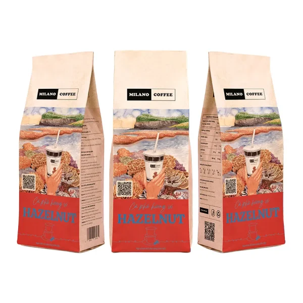 Cà phê hương vị Hazelnut Milano Coffee bao bì túi giấy phối họa tiết rặng san hô biển ngầm độc đáo