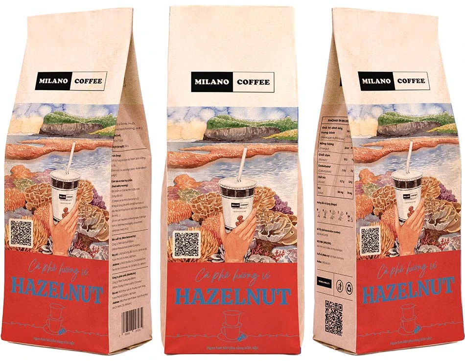 Cà phê hương vị Hazelnut Milano Coffee bao bì túi giấy phối họa tiết rặng san hô biển ngầm độc đáo