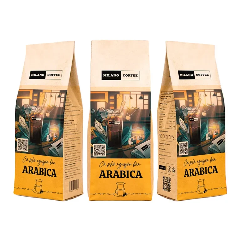 Cà phê nguyên bản Arabica Milano Coffee bao bì túi giấy phối họa tiết không gian quán cà phê ấm cúng