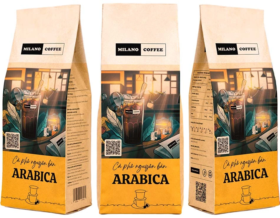 Cà phê nguyên bản Arabica Milano Coffee bao bì túi giấy phối họa tiết không gian quán cà phê ấm cúng