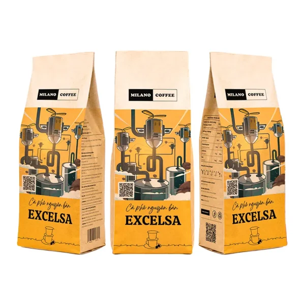 Cà phê nguyên bản Excelsa Milano Coffee bao bì túi giấy phối họa tiết hệ thống máy rang xay cà phê hiện đại