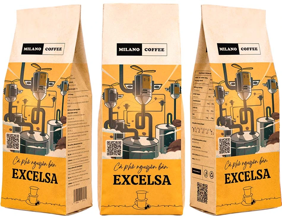 Cà phê nguyên bản Excelsa Milano Coffee bao bì túi giấy phối họa tiết hệ thống máy rang xay cà phê hiện đại