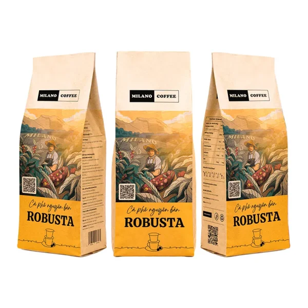 Cà phê nguyên bản Robusta Milano Coffee bao bì túi giấy phối họa tiết người nông dân thu hoạch cà phê