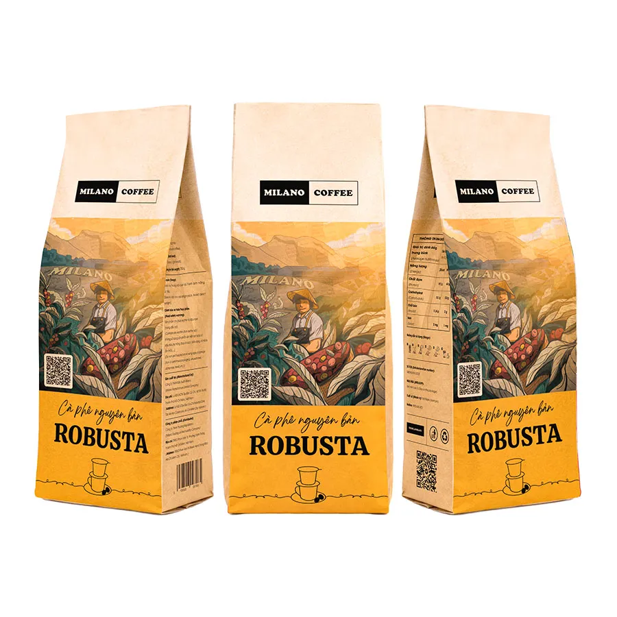 Cà phê nguyên bản Robusta Milano Coffee bao bì túi giấy phối họa tiết người nông dân thu hoạch cà phê