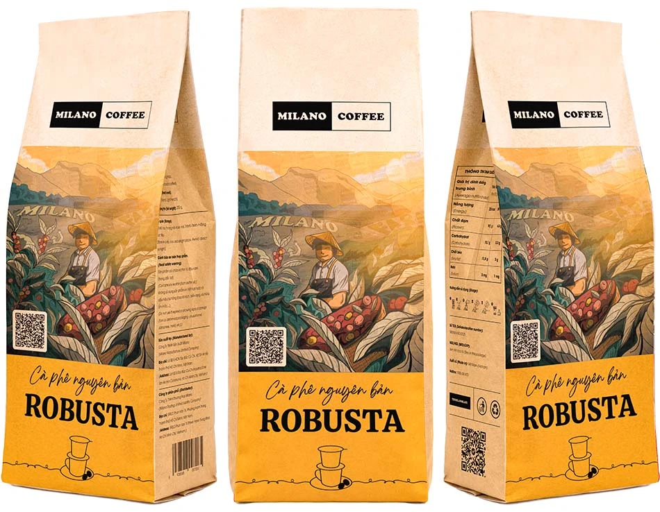 Cà phê nguyên bản Robusta Milano Coffee bao bì túi giấy phối họa tiết người nông dân thu hoạch cà phê