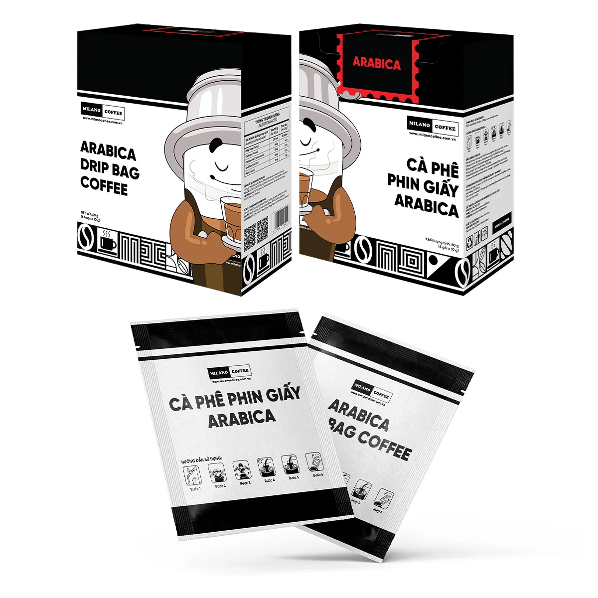 Hộp và gói lẻ Cà phê phin giấy Arabica Milano Coffee 60g in hình mascot đội phin cà phê và biểu tượng hướng dẫn pha chế
