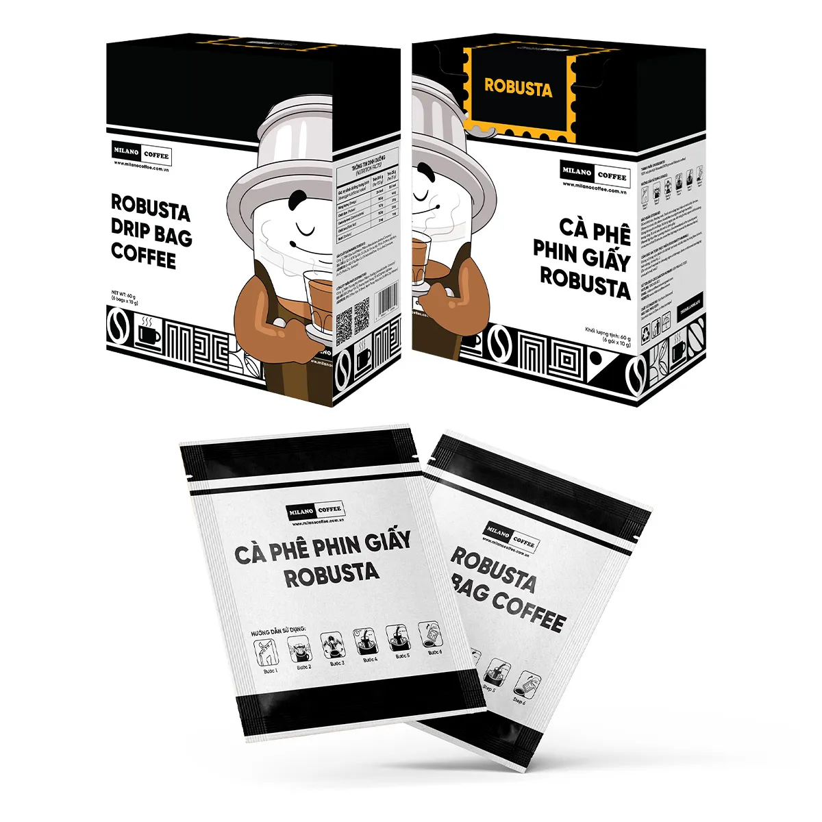 Hộp và gói lẻ Cà phê phin giấy Robusta Milano Coffee 60g tem vàng in hình mascot đội phin cà phê và biểu tượng hướng dẫn pha chế