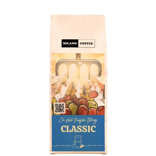 Cà phê truyền thống Classic Milano Coffee bao bì túi giấy xanh dương in hình tranh vẽ cào hạt cà phê trên sân phơi
