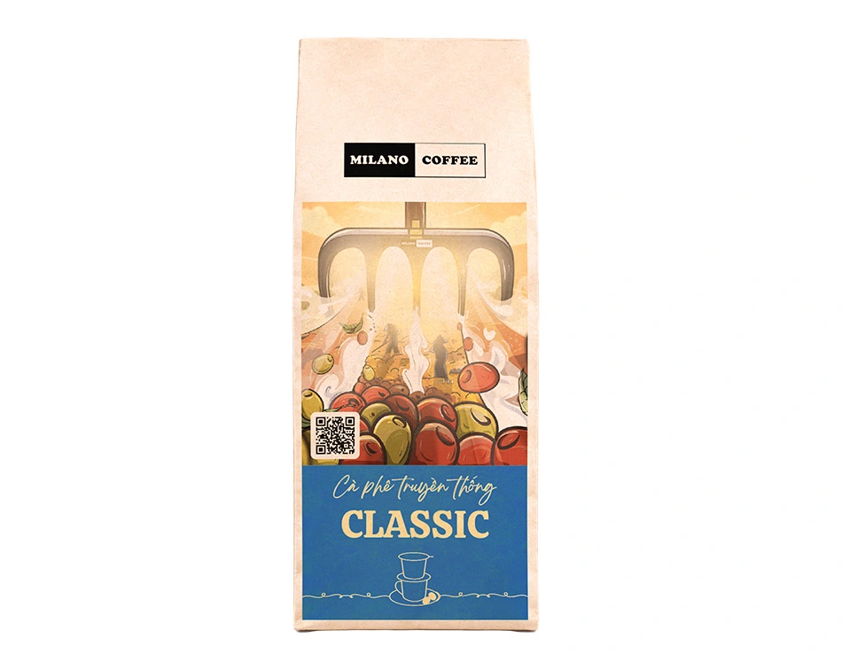 Cà phê truyền thống Classic Milano Coffee 100g bao bì túi giấy xanh dương in hình cào phơi hạt cà phê