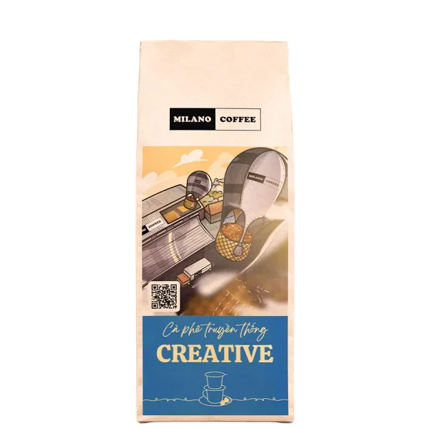Cà phê truyền thống Creative Milano Coffee bao bì túi giấy xanh dương in hình tranh vẽ khinh khí cầu vận chuyển hạt cà phê