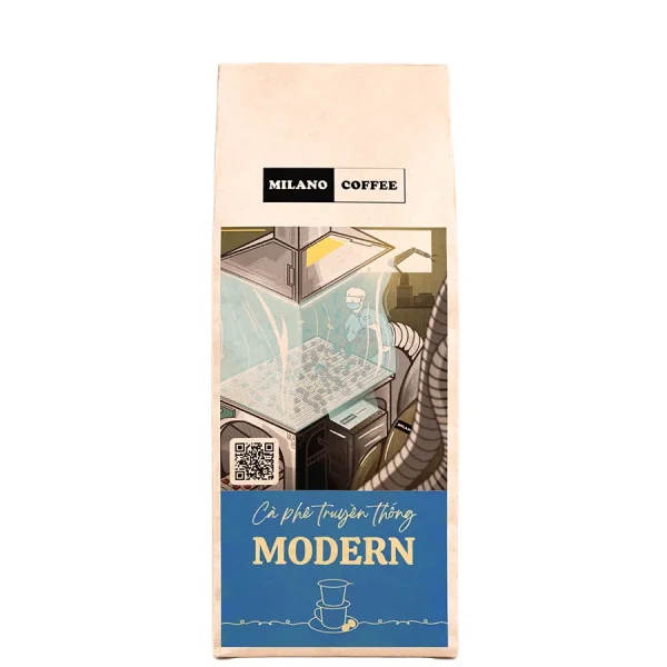 Cà phê truyền thống Modern Milano Coffee bao bì túi giấy xanh dương in hình tranh vẽ phòng lab kiểm định chất lượng cà phê